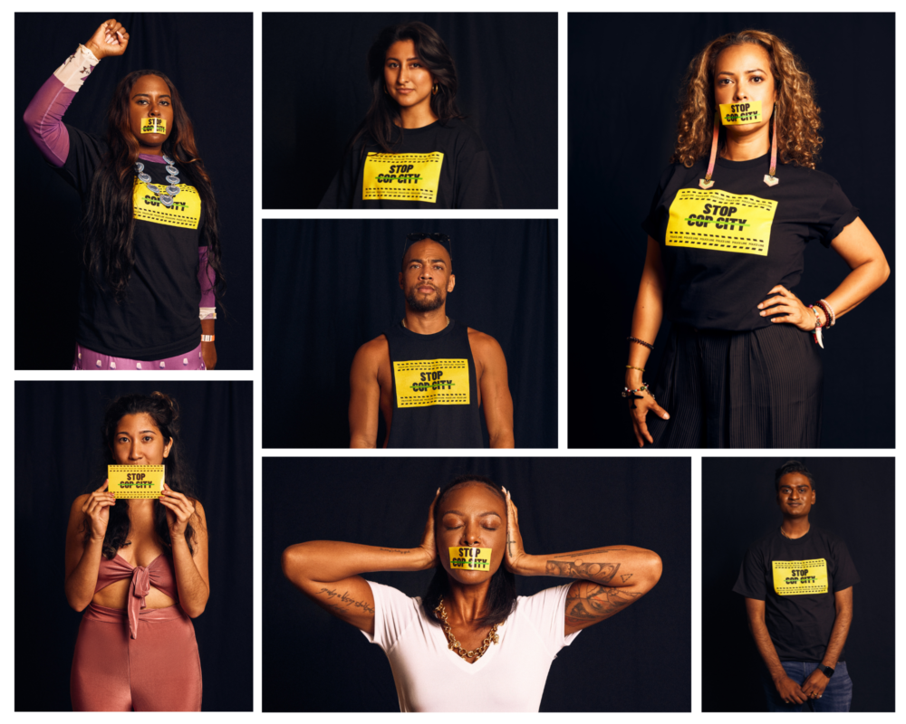 Photo collage of celebrities supporting Stop Cop City #stopcopcity - Photoshoot by Hip Hop Caucus - Queen YoNasDa, Diandra Marizet, Aura Vasquez, Kendrick Sampson, Kristy Drutman, Dawn Richard, and Kevin Patel